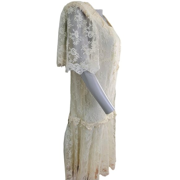 Vintage 80s Lace Midi Dress Women 12 Cream 20s Style Formal Wedding Retro Summer - Picture 6 of 13